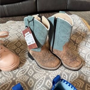 Old West Brown & Teal Kids Western Zip Boots